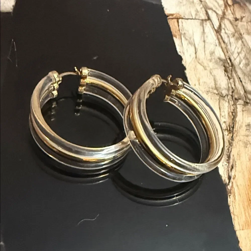 14K Gold Plated Sterling Silver & Clear 1.5 Inch Hoop Earrings BRAND NEW